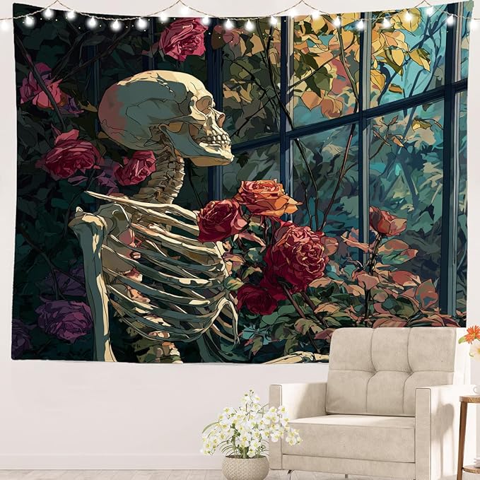 Batmerry Skeleton Roses Greenhouse Tapestry, Skeleton Roses Glass Flowers Wall Art Hanging Decoration Polyester Fiber White Ruffled Around for Dorm Room Bedroom Living Room, 51.2x59.1 inches