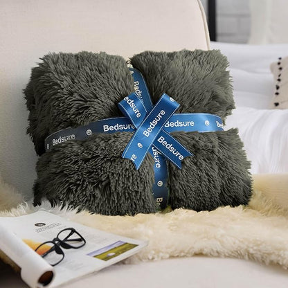 Bedsure GentleSoft Fluffy Olive Green Blankets Queen Size for Bed, Thick Sherpa Faux Fur Fleece Fuzzy Plush Winter Warm Soft Queen Blankets, Bedroom Olive Green Decor Cozy Gifts for Women Men, 90x90
