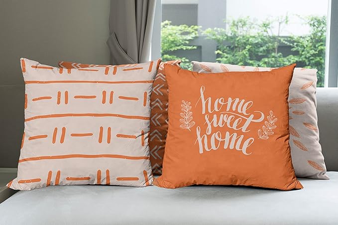 Ambesonne Modern Throw Pillow Cushion Case Pack of 4, Scandinavian Minimal Ornaments Boho Feather Leaves and Home Phrase, Modern Accent Double-Sided Digital Printing, 24", Pale Tan and Burnt Orange