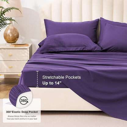 Love's cabin California King Comforter Set Dark Purple, 7 Pieces California King Bed in a Bag, All Season Bedding Sets with 1 Comforter, 1 Flat Sheet, 1 Fitted Sheet, 2 Pillowcase and 2 Pillow Sham