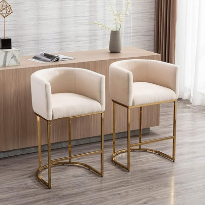 Modern Counter Height Linen Upholstered Bar Stools Set of 2, 29" Kitchen Counter Island Stools Bar Chairs with Gold Metal Frame for Kitchen Island, Cream