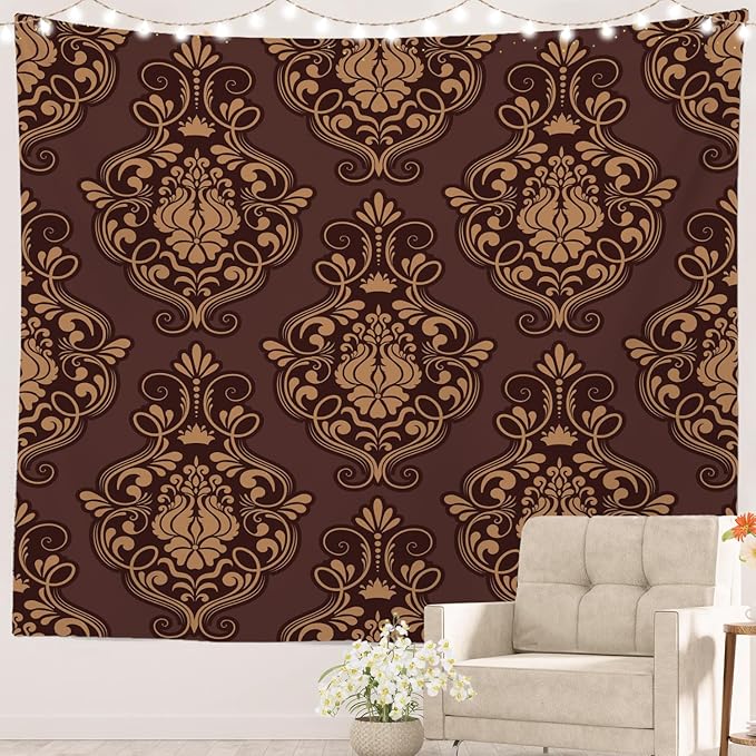 Batmerry Brown Damask Floral Tapestry, Vintage Golden Brown Damask Pattern Wall Art Hanging Decoration Polyester Fiber White Ruffled Around For Dorm Room Bedroom Living Room, 90.6 X 78.7 Inches
