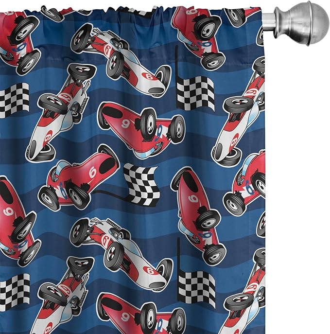 Ambesonne Cars Window Curtains, Vintage Racing Cars on Blue Stripes with Checkered Flags Automobile Sports, Lightweight Decor 2-Panel Set with Rod Pocket, Pair of - 28" x 95", Navy Blue