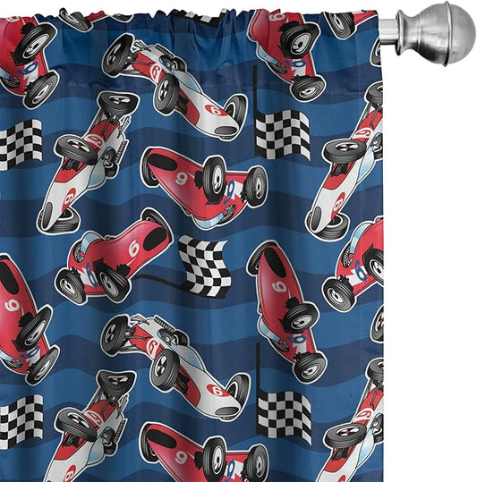Ambesonne Cars Window Curtains Pack of 2, Vintage Racing Cars on Blue Stripes with Checkered Flags Automobile Sports, Lightweight Set with Rod Pocket, 4 Panels of - 28" x 84", Navy Blue