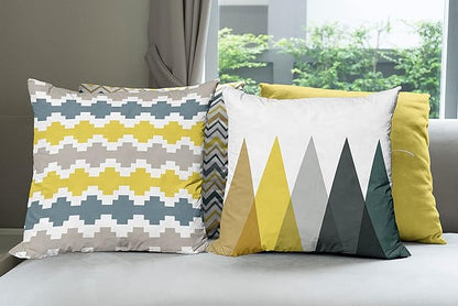 Ambesonne Modern Throw Pillow Cushion Case Pack of 4, Geometric Style Pattern of Triangles Zigzags Love Home Phrase Print, Modern Accent Double-Sided Digital Printing, 18", Yellow Slate Blue and Tan