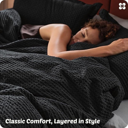 Bedsure Cotton Duvet Cover Set - 100% Cotton Waffle Weave Black Duvet Cover California King, GentleSoft™ and Breathable Cal King Bedding Set for All Season, 3 Pieces, 104"x98"