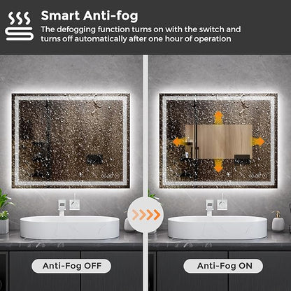 Koonmi 30x40 LED Bathroom Mirror, Backlit + Front Lit, LED Bathroom Mirror with Lights for Wall, 3 Colors, Anti-Fog, Dimmable Brightness, Memory Function, Tempered Glass
