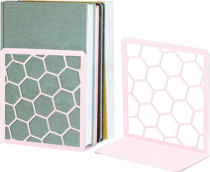 GEOMOD Geometric Honeycomb Pink Metal Bookends Decorative - Tall Sturdy Book Ends for Shelves - Modern Heavy Duty Bookend Stopper - Office or Home Book Shelf Book Holder - 6x3.25x6.25 Inches - 1 Pair