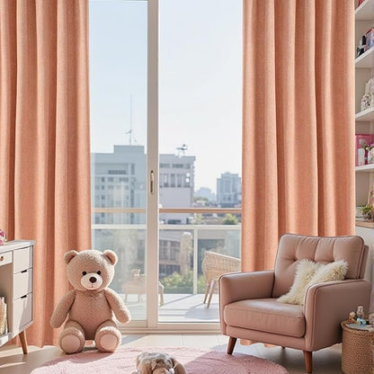 KangBang Light Coral Blackout Linen Curtains 96 Inches Long for Living Room Girls Nursery, Back Tab Hook Belt Rod Pocket Black Out Light Blocking Drapes, Farmhouse Curtains with Clip Rings, Salmon