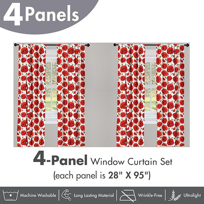 Ambesonne Poppy Flower Window Curtains Pack of 2, Springs Ladybugs Animals and Plants Flora Fauna Nature, Lightweight Set with Rod Pocket, 4 Panels of - 28" x 95", Burnt Orange Olive Green