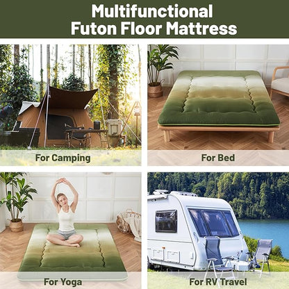 Japanese Floor Mattress, Futon Mattress with Portable Storage Bag and Washable Cover, Roll Up Thick Tatami Mat Suitable for Camping, Guest Room (Forest Gradient, Twin)