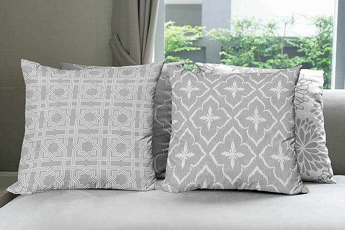 Ambesonne Vintage Throw Pillow Cushion Case Pack of 4, Monochrome Design Grid Trellis Quatrefoil Mesh and Dahlia Flowers Modern Print, Modern Accent Double-Sided Digital Printing, 24", Grey White