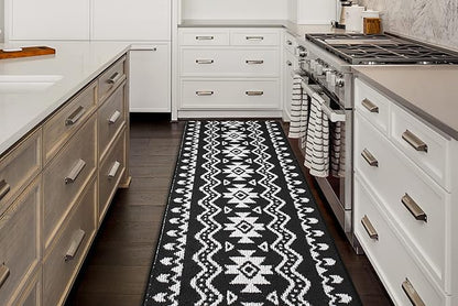 Custom Length Cut to Size Tribal Ethnic Southwestern Inspired Hallway Runner Rug, Non Slip Rubber Backed, 31 inch Wide X Customized Length, Aztec Black, 31 inch X 30 feet