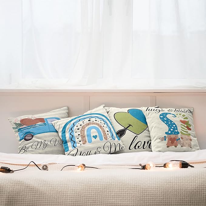 Ambesonne Romantic Throw Pillow Cushion Case Pack of 4, Love Hearts Arrow You and Me Be My Valentine Hugs Kisses Lettering, Modern Accent Double-Sided Digital Printing, 20", Ivory Blue and Olive Green