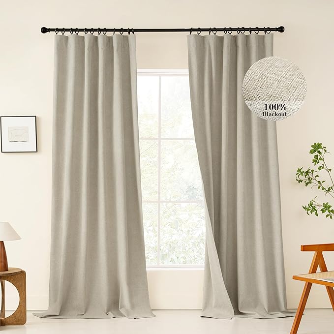 KangBang 72 Inch Wide Blackout Curtains for Sliding Glass Door 2 Panels Set-Back Tab Loop Pocket Pinch Pleated Noise Reducing Draperies for Cottage High Ceiling Sliding Patio Doors 72Wx108L, Linen