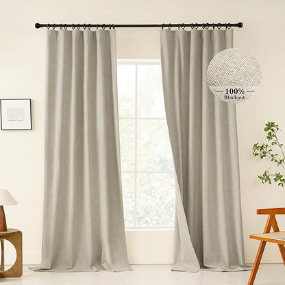 KangBang 100% Blackout Curtains 120 Inches Long Room Darkening Drapes for Living Room, Extra Long Loop Pocket Back Tab Light Blocking Drapes for Cottage High Ceiling(Linen, 52x120 Inch,2 Pcs)