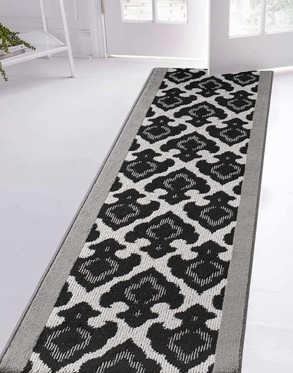 Custom Length Cut to Size Fleur de Lis Inspired Carpet Runner Rug for Hallways, Non Slip Rubber Backed, 31 inch Wide X Customized Length, Royal Grey, 31 inch X 22 feet
