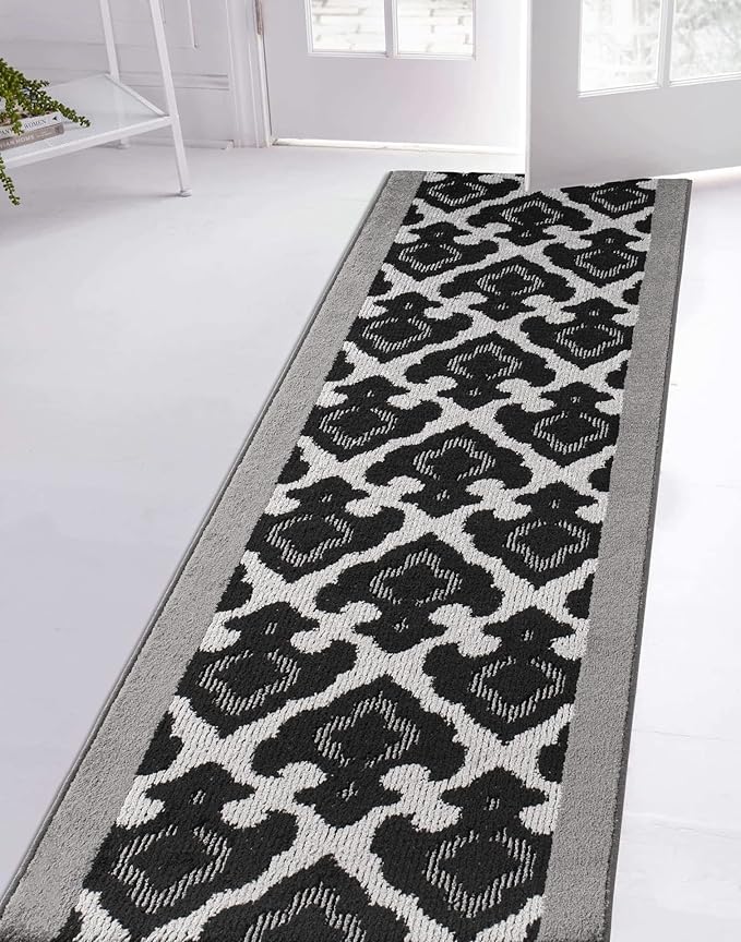 Custom Length Cut to Size Fleur de Lis Inspired Carpet Runner Rug for Hallways, Non Slip Rubber Backed, 31 inch Wide X Customized Length, Royal Grey, 31 inch X 25 feet