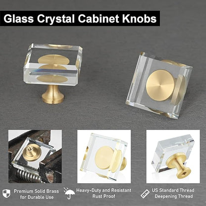 QOGRISUN 5-Pack Brass Crystal Cabinet Knobs,Glass Crystal Gold Drawer Knobs,1-1/8-Inch Square,Decorative Dresser Pulls, Modern Cabinet Hardware