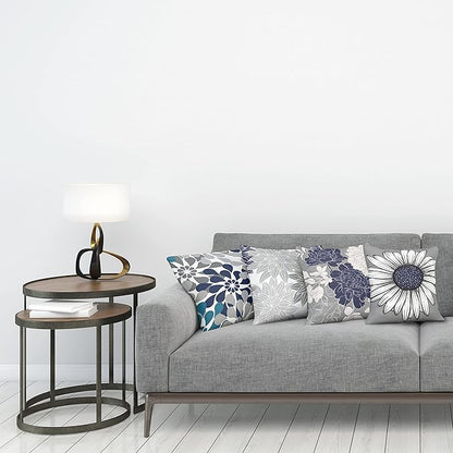 Ambesonne Floral Throw Pillow Cushion Case Pack of 4, Flower Petals Modern Color Palette Cold Tones Chamomile Peony Dahlia Sunflower, Modern Accent Double-Sided Digital Printing, 24", Grey Navy Blue