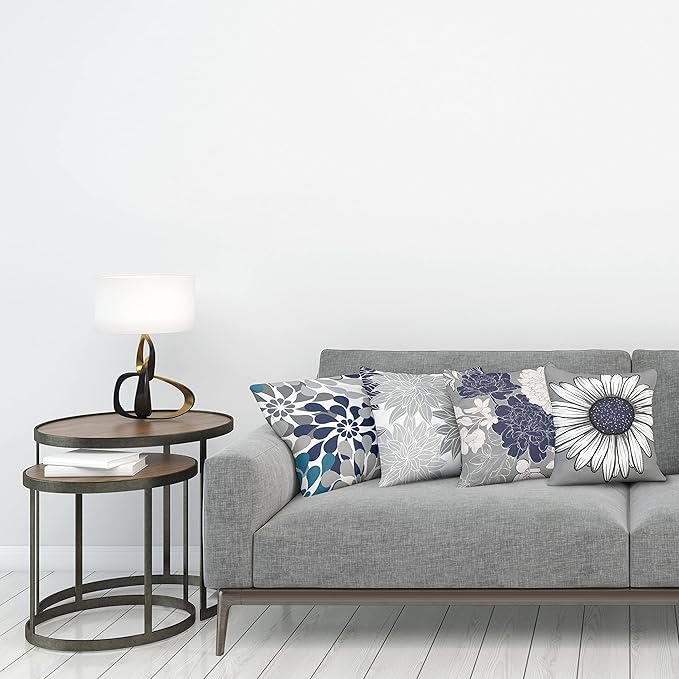 Ambesonne Floral Throw Pillow Cushion Case Pack of 4, Flower Petals Modern Color Palette Cold Tones Chamomile Peony Dahlia Sunflower, Modern Accent Double-Sided Digital Printing, 18", Grey Navy Blue