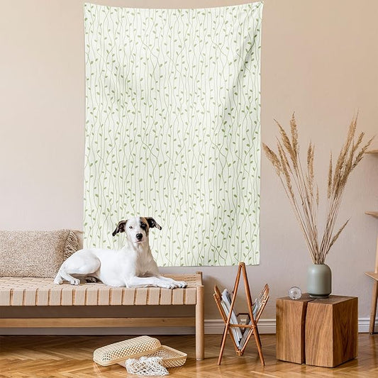Lunarable Green and Beige Tapestry Queen Size, Green Leaves on Skinny Tangled Sprigs Fresh Nature Theme Foliage, Wall Hanging Bedspread Bed Cover Wall Decor, Queen Size, Pistachio Green