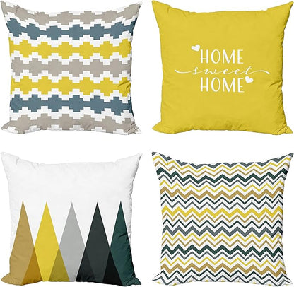 Ambesonne Modern Throw Pillow Cushion Case Pack of 4, Geometric Style Pattern of Triangles Zigzags Love Home Phrase Print, Modern Accent Double-Sided Digital Printing, 16", Yellow Slate Blue and Tan
