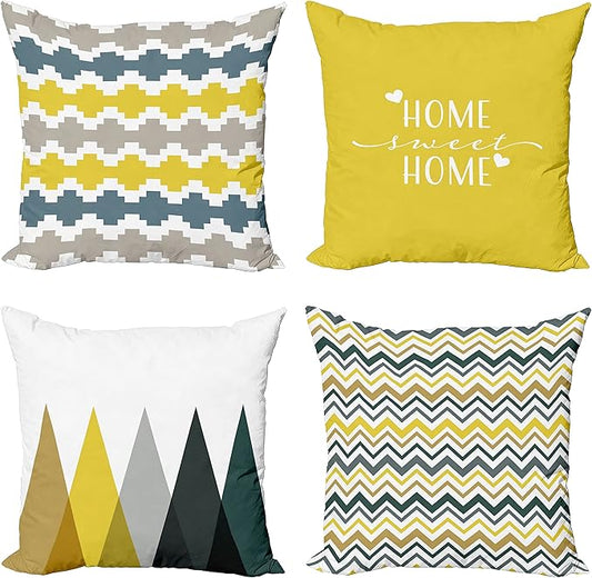 Ambesonne Modern Throw Pillow Cushion Case Pack of 4, Geometric Style Pattern of Triangles Zigzags Love Home Phrase Print, Modern Accent Double-Sided Digital Printing, 18", Yellow Slate Blue and Tan