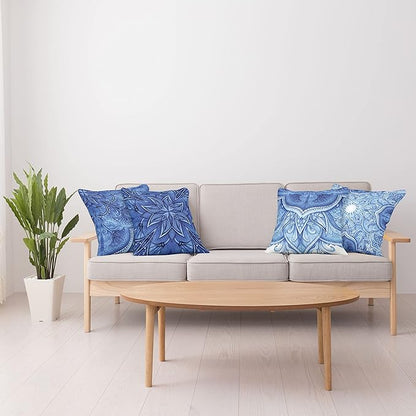 Ambesonne Ethnic Throw Pillow Cushion Case Pack of 4, Mandala Inspired Folk Art Themed Creative Motifs Mosaic Like Illustration Print, Modern Accent Double-Sided Digital Printing, 18", Blue White