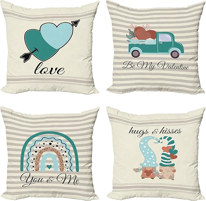 Ambesonne Romantic Throw Pillow Cushion Case Pack of 4, Love Hearts Arrow You and Me Be My Valentine Hugs Kisses Lettering, Modern Accent Double-Sided Digital Printing, 16", Teal Ivory Pale Eggshell