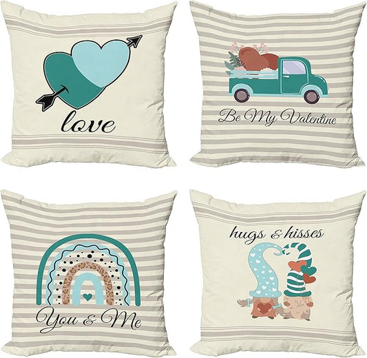 Ambesonne Romantic Throw Pillow Cushion Case Pack of 4, Love Hearts Arrow You and Me Be My Valentine Hugs Kisses Lettering, Modern Accent Double-Sided Digital Printing, 16", Teal Ivory Pale Eggshell