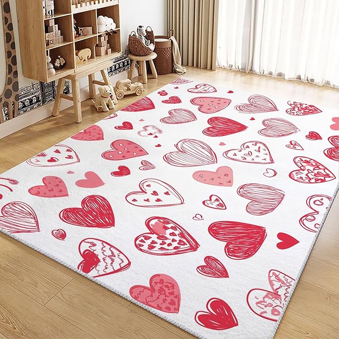 Washable Area Rug 6x9 ft Cartoon Hand-Painted Red Love 3D Print Area Rug for Living Room Bedroom Kids Room Home Decor Carpet, Indoor Non-Slip Floor Rug Mat, Low Pile Rugs