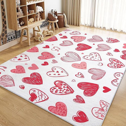 Area Rugs for Living Room 5x8 ft Cartoon Hand-Painted Red Love Washable Area Rug, Non Slip Floor Carpet, Ultra Soft Low Pile Rugs, for Bedroom, Dining Room, Office, Home Decor Rug
