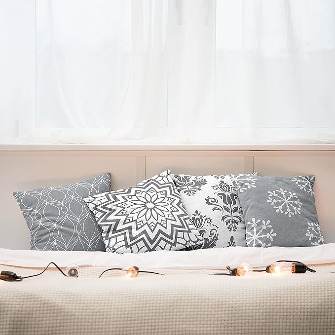 Ambesonne Retro Throw Pillow Cushion Case Pack of 4, Trellis Grid Medieval Floral Damask Mandala Flower Ornament in Modern Grayscale, Modern Accent Double-Sided Digital Printing, 20", Grey and White