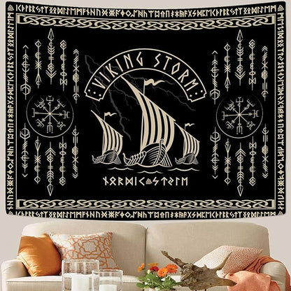 OSUNBD Nordic Vikings Tapestry Vikings Boat Hanging Home Decor Vegvisir Runes Artwork Pagan Tapestry Art Hanging Decor Large Size 78.7”x59.1” for Bedroom Living Room Dorm