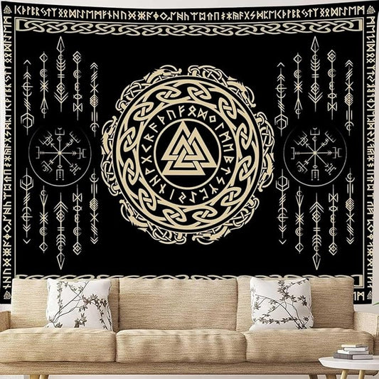 OSUNBD Nordic Viking Tapestry Wall Hanging - Large 108x90 inches Soft Flannel with Valknut, Celtic Runes & Norse Mythology Scandinavian for Bedroom, Living Room Decor