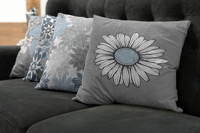 Ambesonne Floral Throw Pillow Cushion Case Pack of 4, Flower Petals Modern Color Palette Chamomile Peony Dahlia and Sunflower Print, Modern Accent Double-Sided Digital Printing, 20", Baby Blue Grey