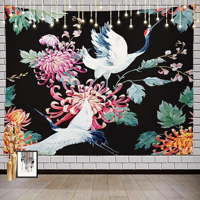 Batmerry Red Green Cranes Floral Leaves Tapestry, Traditional Japanese Watercolor Sytle Design Tapestry for Living Room Bedroom Wall Hanging Decorative 51.2x59.1 Inch