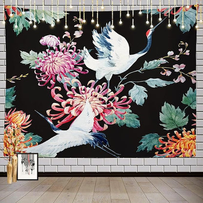 Batmerry Red Green Cranes Floral Leaves Tapestry, Traditional Japanese Watercolor Sytle Design Tapestry for Living Room Bedroom Wall Hanging Decorative 51.2x59.1 Inch