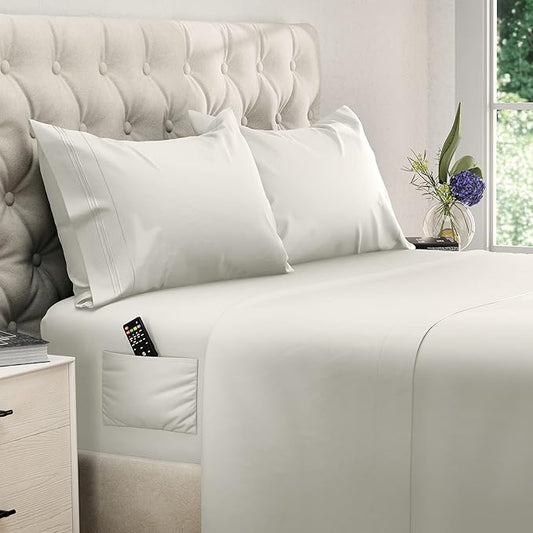 DREAMCARE California King Sheet Sets - Cooling Bed Sheets - 4pcs Set - up to 15" Deep Pocket Cal King Sheets - California King Sheets - Soft & Lasting 100% Brushed Polyester with Side Pocket - Ivory