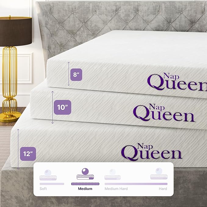 NapQueen 8 Inch Cooling Gel Full Size Medium Firm Memory Foam Mattress, Bed in a Box,White