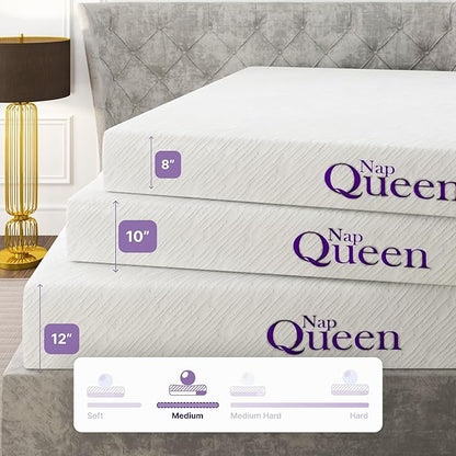 NapQueen 8 Inch Cooling Gel Full Size Medium Firm Memory Foam Mattress, Bed in a Box,White