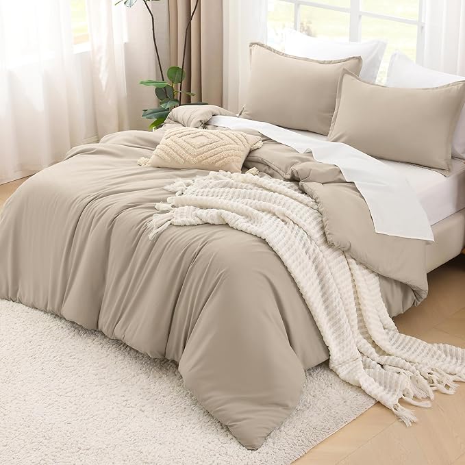 Litanika Khaki Comforter Set King Size, 3 Pieces Solid Bedding Comforter Set, All Season Down Alternative Bed Set (104x90In Comforter & 2 Pillowcases)