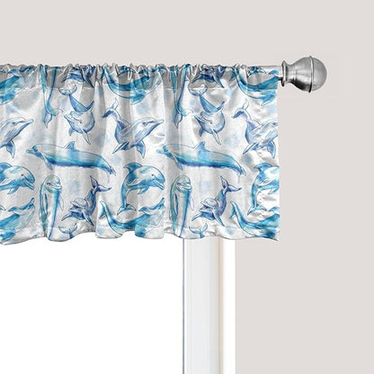 Ambesonne Sea Animals Window Valance, Sketch of Bottlenose Dolphins Playing Laughing in The Ocean Sea Life Print, Curtain Valance for Kitchen Bedroom Decor with Rod Pocket, 54" X 18", Turquoise White