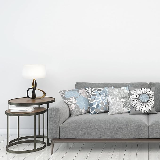 Ambesonne Floral Throw Pillow Cushion Case Pack of 4, Flower Petals Modern Color Palette Chamomile Peony Dahlia and Sunflower Print, Modern Accent Double-Sided Digital Printing, 20", Baby Blue Grey