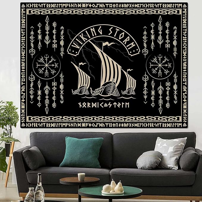 OSUNBD Nordic Vikings Tapestry Vikings Boat Hanging Home Decor Vegvisir Runes Artwork Pagan Tapestry Art Hanging Decor Large Size 78.7”x59.1” for Bedroom Living Room Dorm