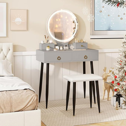CHARMAID Vanity Desk with Mirror and Lights, Makeup Vanity with 4 Storage Drawers, 3 Lighting Modes, Adjustable Brightness, Modern Vanity Dressing Table with Stool for Bedroom, Gray & Black
