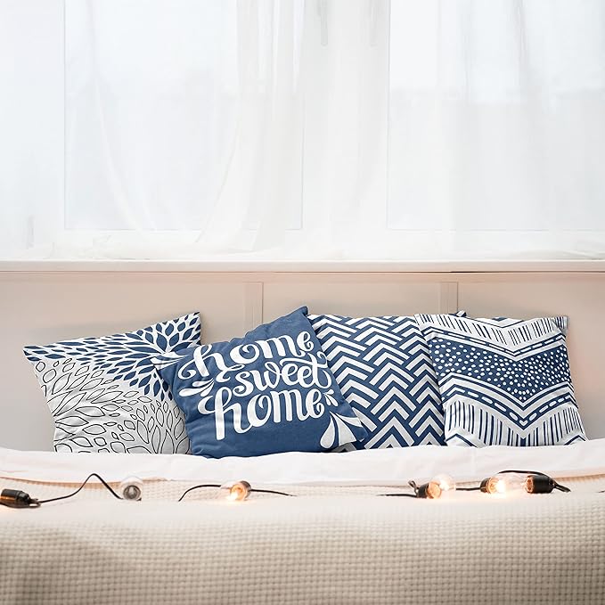 Ambesonne Modern Throw Pillow Cushion Case Pack of 4, Monochrome Design Sharp Angled Squama Scale Dahlia Chevron and Home Phrase, Modern Accent Double-Sided Digital Printing, 18", Dark Sky Blue White