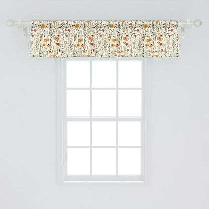 Ambesonne Fall Window Valance, Wild Flowers Illustration Print Vintage Autumnal Theme Farmhouse Vibe, Curtain Valance for Kitchen Bedroom Decor with Rod Pocket, 54" X 12", Mustard Orange Sage Green