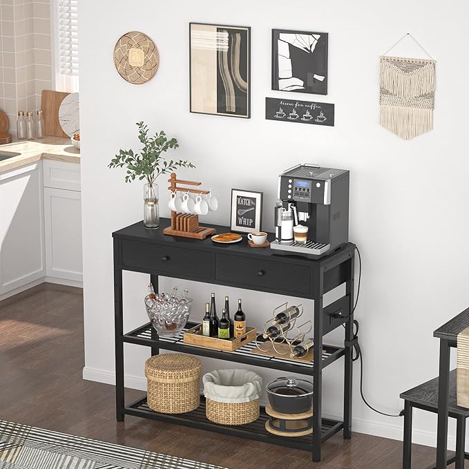 Ecoprsio Entryway Table with Outlets and USB Ports, Console Table with 2 Drawers, Small Sofa Table with Storage Shelves for Living Room, Couch, Hallway, Foyer, Kitchen Counter, 32'', Black